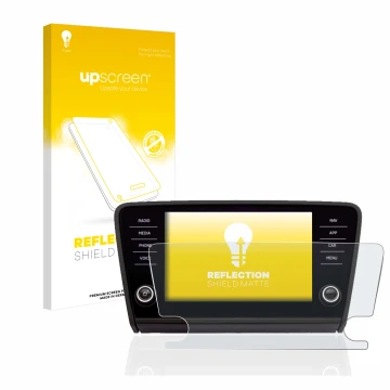 Parte frontal de un envase de producto con el logotipo de la marca upscreen. Al lado se muestra el dispositivo Skoda Octavia 2