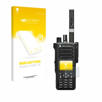 Parte frontal de un envase de producto con el logotipo de la marca upscreen. Al lado se muestra el dispositivo Motorola DP4800