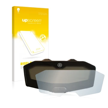 Parte frontal de un envase de producto con el logotipo de la marca upscreen. Al lado se muestra el dispositivo Yamaha MT-07 20