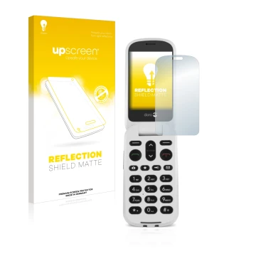 Parte frontal de un envase de producto con el logotipo de la marca upscreen. Al lado se muestra el dispositivo Doro 6050 con s