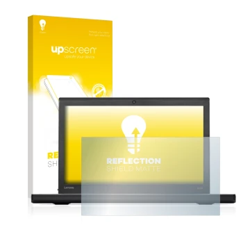 Parte frontal de un envase de producto con el logotipo de la marca upscreen. Al lado se muestra el dispositivo Lenovo ThinkPad