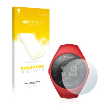 Parte frontal de un envase de producto con el logotipo de la marca upscreen. Al lado se muestra el dispositivo Polar M200 con 