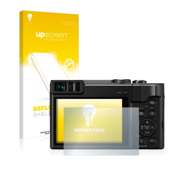 Parte frontal de un envase de producto con el logotipo de la marca upscreen. Al lado se muestra el dispositivo Panasonic Lumix