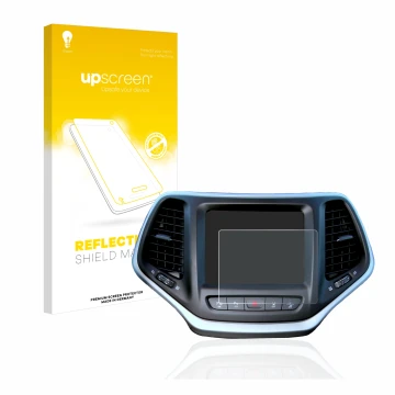 Parte frontal de un envase de producto con el logotipo de la marca upscreen. Al lado se muestra el dispositivo Jeep Cherokee U