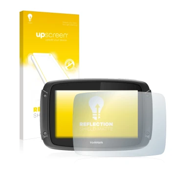 Parte frontal de un envase de producto con el logotipo de la marca upscreen. Al lado se muestra el dispositivo TomTom Rider 45