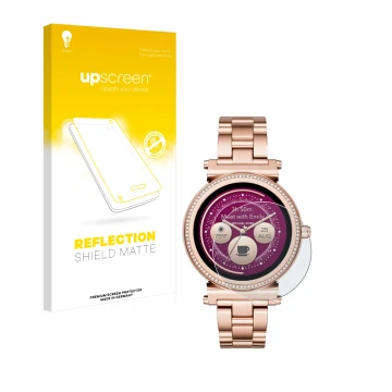 Parte frontal de un envase de producto con el logotipo de la marca upscreen. Al lado se muestra el dispositivo Michael Kors Ac