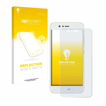 Parte frontal de un envase de producto con el logotipo de la marca upscreen. Al lado se muestra el dispositivo Huawei Nova 2 c