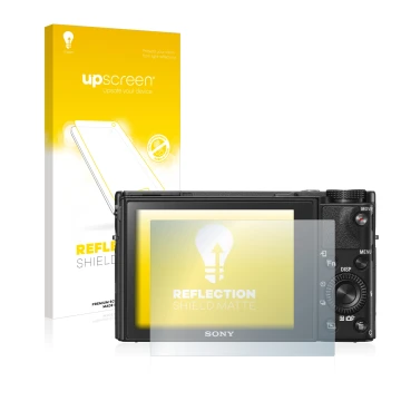 Parte frontal de un envase de producto con el logotipo de la marca upscreen. Al lado se muestra el dispositivo Sony Cyber-Shot