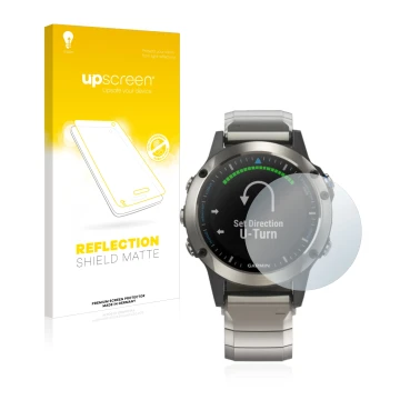 Parte frontal de un envase de producto con el logotipo de la marca upscreen. Al lado se muestra el dispositivo Garmin quatix 5