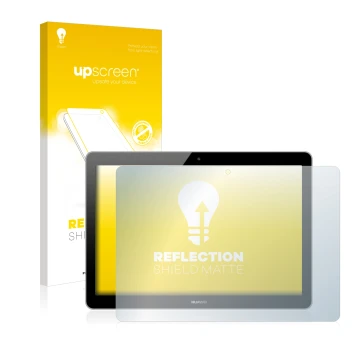 Parte frontal de un envase de producto con el logotipo de la marca upscreen. Al lado se muestra el dispositivo Huawei MediaPad