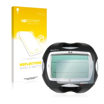 Parte frontal de un envase de producto con el logotipo de la marca upscreen. Al lado se muestra el dispositivo Mares Nemo Wide