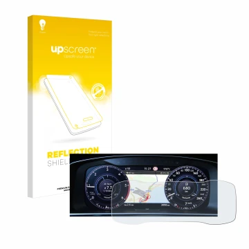 Parte frontal de un envase de producto con el logotipo de la marca upscreen. Al lado se muestra el dispositivo Volkswagen Golf