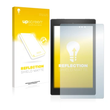 Parte frontal de un envase de producto con el logotipo de la marca upscreen. Al lado se muestra el dispositivo Amazon Fire HD 