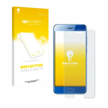 Parte frontal de un envase de producto con el logotipo de la marca upscreen. Al lado se muestra el dispositivo Honor 9 con su 