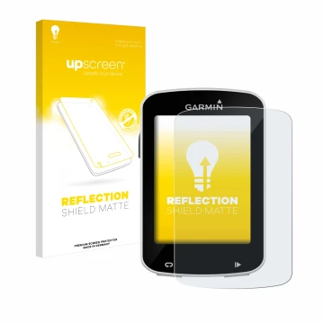 Parte frontal de un envase de producto con el logotipo de la marca upscreen. Al lado se muestra el dispositivo Garmin Edge Exp