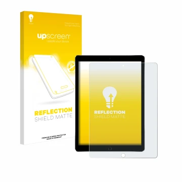 Parte frontal de un envase de producto con el logotipo de la marca upscreen. Al lado se muestra el dispositivo Apple iPad Pro 