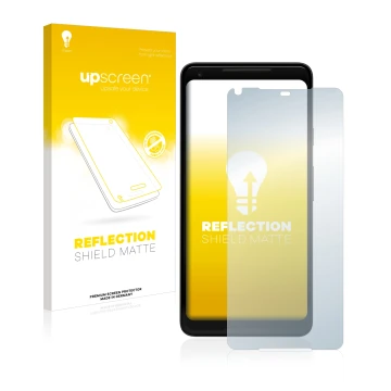 Parte frontal de un envase de producto con el logotipo de la marca upscreen. Al lado se muestra el dispositivo Google Pixel 2 