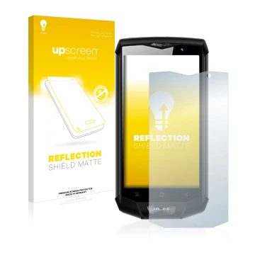 Parte frontal de un envase de producto con el logotipo de la marca upscreen. Al lado se muestra el dispositivo Blackview BV800