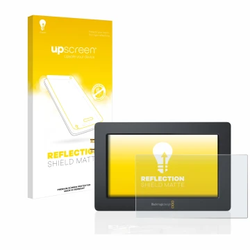 Parte frontal de un envase de producto con el logotipo de la marca upscreen. Al lado se muestra el dispositivo Blackmagic Desi