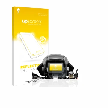 Parte frontal de un envase de producto con el logotipo de la marca upscreen. Al lado se muestra el dispositivo KTM 1290 Super 