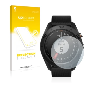 Parte frontal de un envase de producto con el logotipo de la marca upscreen. Al lado se muestra el dispositivo Garmin Approach