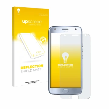 Parte frontal de un envase de producto con el logotipo de la marca upscreen. Al lado se muestra el dispositivo Motorola Moto X