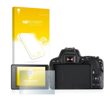 Parte frontal de un envase de producto con el logotipo de la marca upscreen. Al lado se muestra el dispositivo Canon EOS 200D 