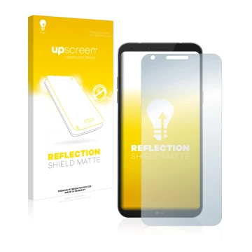 Parte frontal de un envase de producto con el logotipo de la marca upscreen. Al lado se muestra el dispositivo LG Q6 con su pr