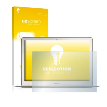 Parte frontal de un envase de producto con el logotipo de la marca upscreen. Al lado se muestra el dispositivo Apple MacBook A