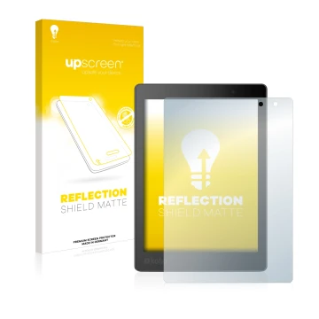 Parte frontal de un envase de producto con el logotipo de la marca upscreen. Al lado se muestra el dispositivo Kobo Aura One c