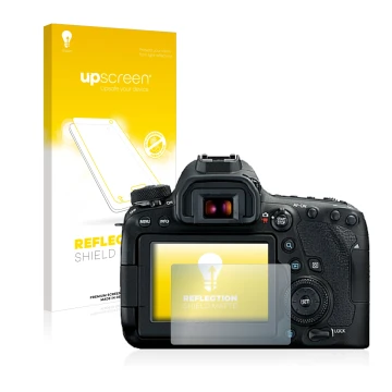 Parte frontal de un envase de producto con el logotipo de la marca upscreen. Al lado se muestra el dispositivo Canon EOS 6D Ma