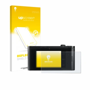 Parte frontal de un envase de producto con el logotipo de la marca upscreen. Al lado se muestra el dispositivo Leica TL2 con s