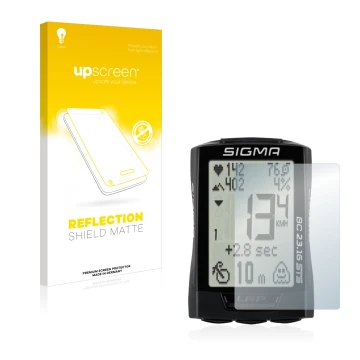 Parte frontal de un envase de producto con el logotipo de la marca upscreen. Al lado se muestra el dispositivo Sigma BC 23.16 