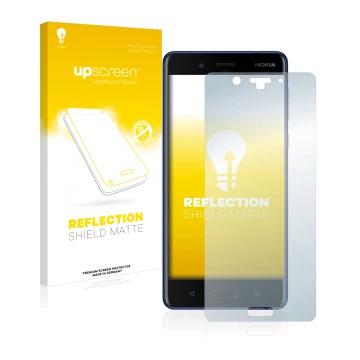 Parte frontal de un envase de producto con el logotipo de la marca upscreen. Al lado se muestra el dispositivo Nokia 8 con su 