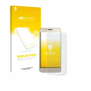 Parte frontal de un envase de producto con el logotipo de la marca upscreen. Al lado se muestra el dispositivo Motorola Moto G