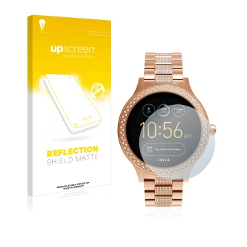 Parte frontal de un envase de producto con el logotipo de la marca upscreen. Al lado se muestra el dispositivo Fossil Q Ventur