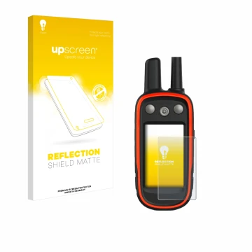 Parte frontal de un envase de producto con el logotipo de la marca upscreen. Al lado se muestra el dispositivo Garmin Atemos 1