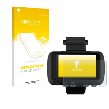 Parte frontal de un envase de producto con el logotipo de la marca upscreen. Al lado se muestra el dispositivo Garmin Foretrex