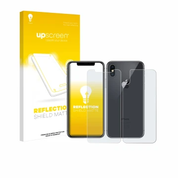 Parte frontal de un envase de producto con el logotipo de la marca upscreen. Al lado se muestra el dispositivo Apple iPhone X 