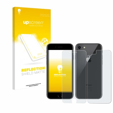 Parte frontal de un envase de producto con el logotipo de la marca upscreen. Al lado se muestra el dispositivo Apple iPhone 8 