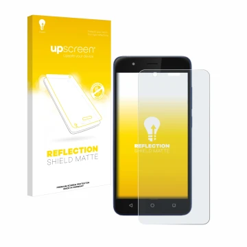 Parte frontal de un envase de producto con el logotipo de la marca upscreen. Al lado se muestra el dispositivo Gigaset GS270 p