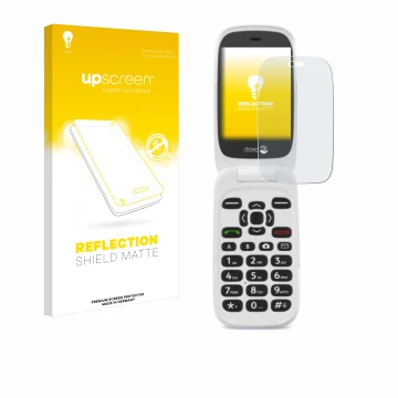 Parte frontal de un envase de producto con el logotipo de la marca upscreen. Al lado se muestra el dispositivo Doro 6520 con s