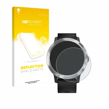Parte frontal de un envase de producto con el logotipo de la marca upscreen. Al lado se muestra el dispositivo Garmin vivoacti