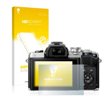 Parte frontal de un envase de producto con el logotipo de la marca upscreen. Al lado se muestra el dispositivo Olympus OM-D E-