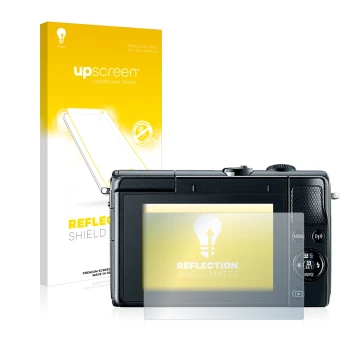 Parte frontal de un envase de producto con el logotipo de la marca upscreen. Al lado se muestra el dispositivo Canon EOS M100 