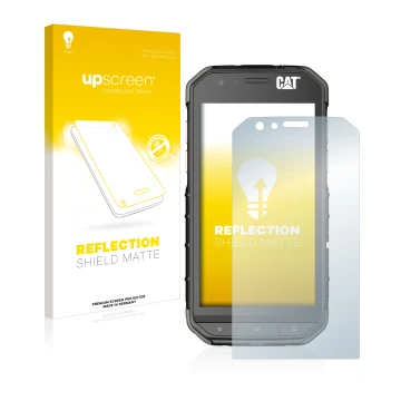Parte frontal de un envase de producto con el logotipo de la marca upscreen. Al lado se muestra el dispositivo Caterpillar Cat