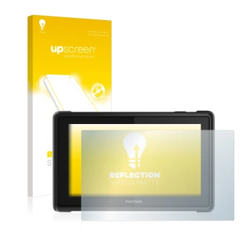 Parte frontal de un envase de producto con el logotipo de la marca upscreen. Al lado se muestra el dispositivo TomTom Pro 8275