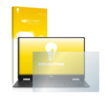 Parte frontal de un envase de producto con el logotipo de la marca upscreen. Al lado se muestra el dispositivo Dell XPS 13 936