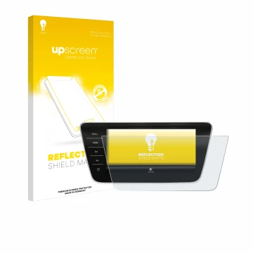 Parte frontal de un envase de producto con el logotipo de la marca upscreen. Al lado se muestra el dispositivo Skoda Superb Bu