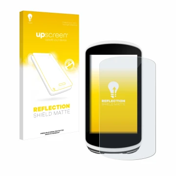 Parte frontal de un envase de producto con el logotipo de la marca upscreen. Al lado se muestra el dispositivo Garmin Edge 103